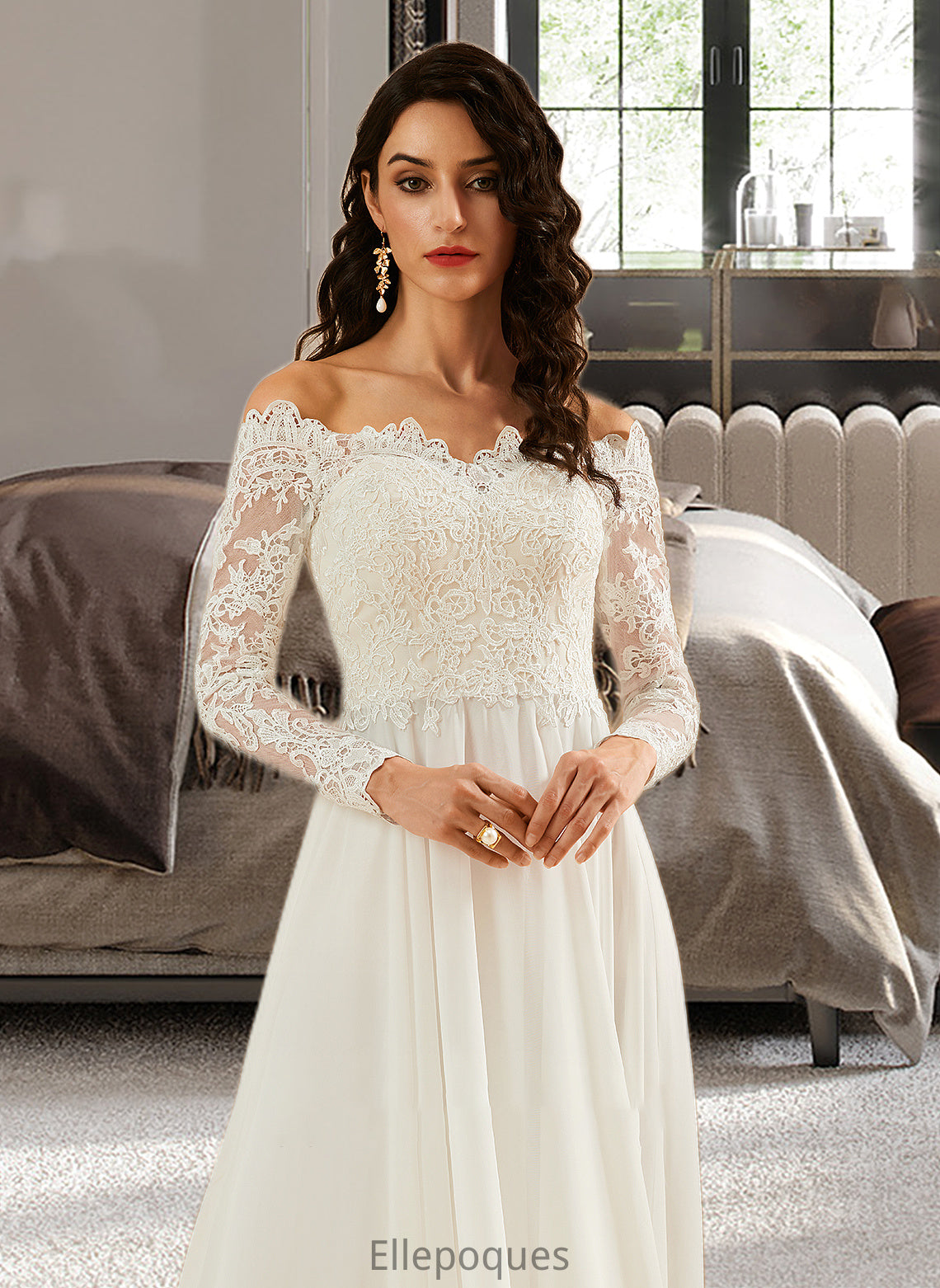 Kaiya A-Line Off-the-Shoulder Sweep Train Wedding Dress With Lace HOP0013734