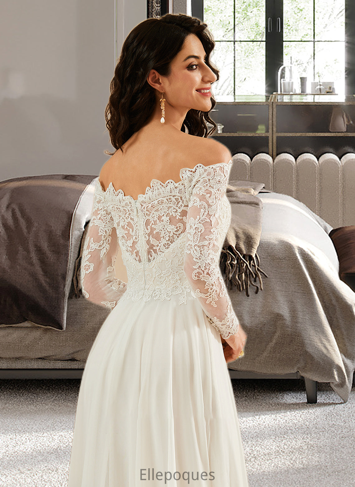 Kaiya A-Line Off-the-Shoulder Sweep Train Wedding Dress With Lace HOP0013734