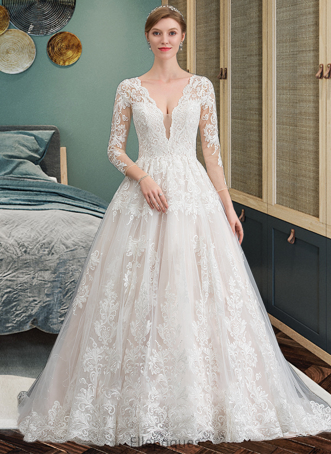 Logan Ball-Gown/Princess V-neck Chapel Train Tulle Wedding Dress HOP0013735