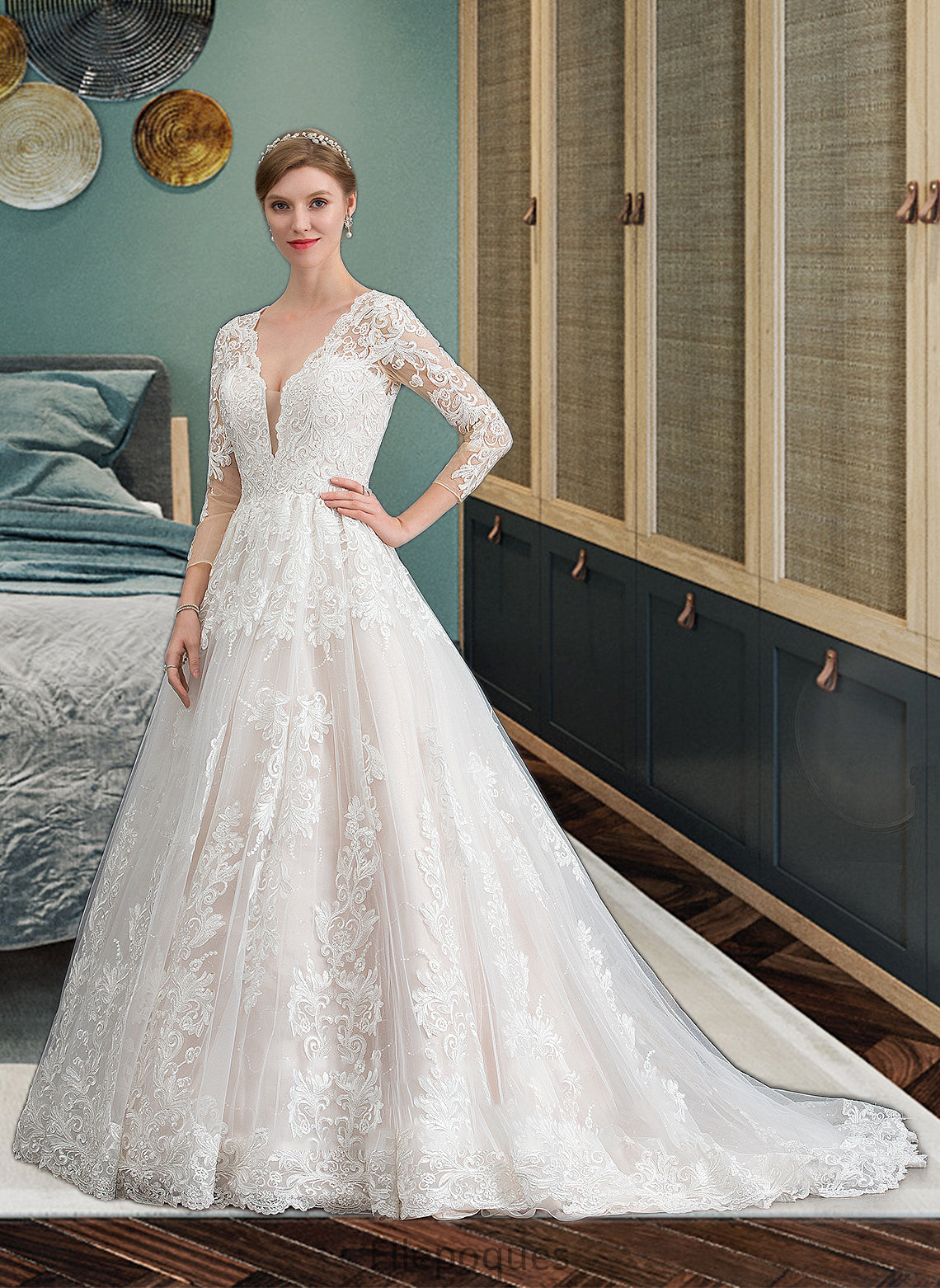 Logan Ball-Gown/Princess V-neck Chapel Train Tulle Wedding Dress HOP0013735