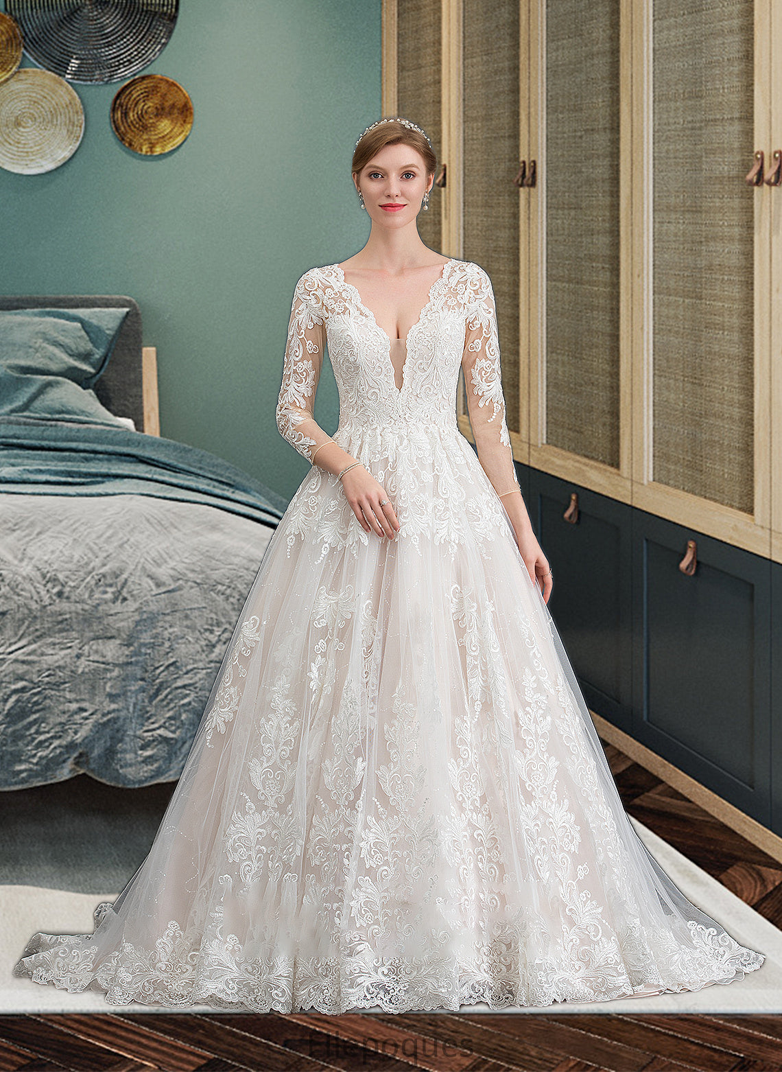 Logan Ball-Gown/Princess V-neck Chapel Train Tulle Wedding Dress HOP0013735