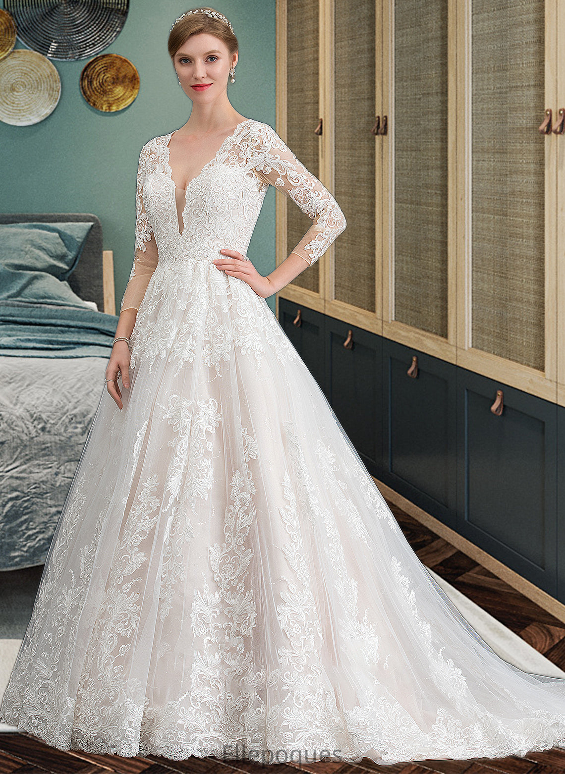 Logan Ball-Gown/Princess V-neck Chapel Train Tulle Wedding Dress HOP0013735