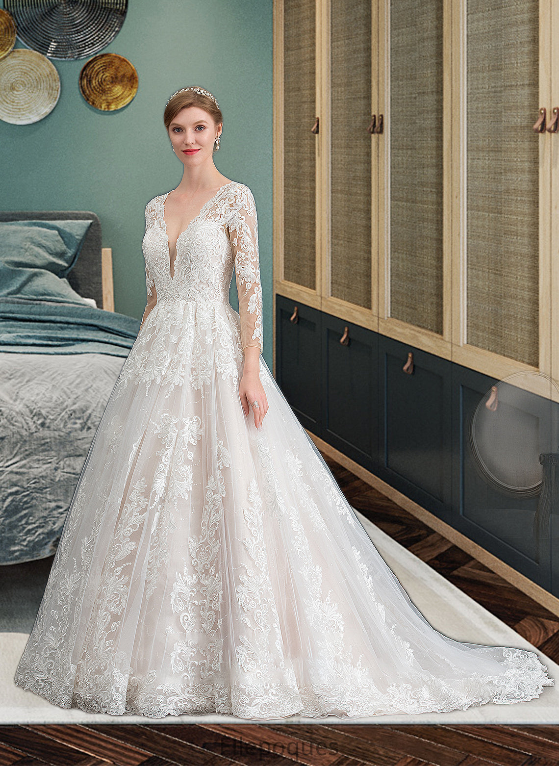 Logan Ball-Gown/Princess V-neck Chapel Train Tulle Wedding Dress HOP0013735