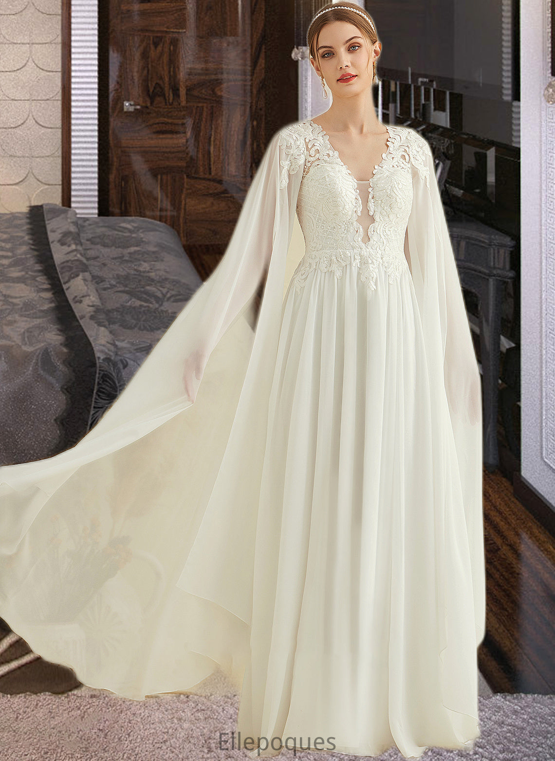 Adelaide A-Line V-neck Floor-Length Chiffon Lace Wedding Dress With Sequins HOP0013736