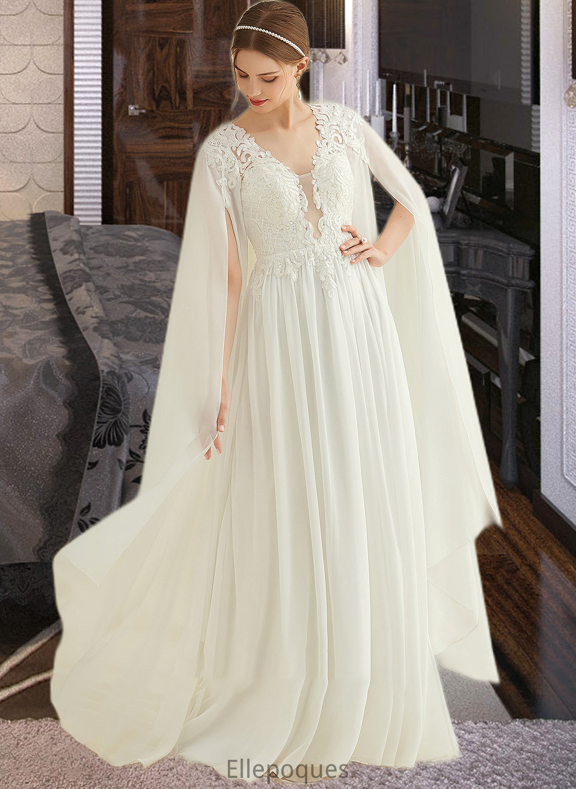 Adelaide A-Line V-neck Floor-Length Chiffon Lace Wedding Dress With Sequins HOP0013736