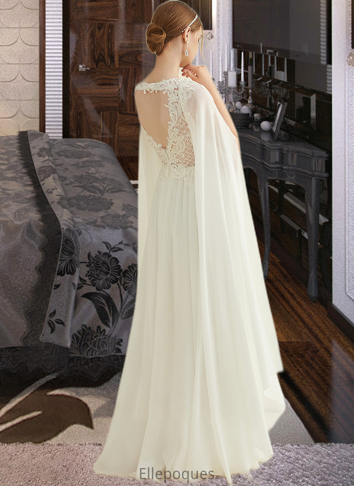 Adelaide A-Line V-neck Floor-Length Chiffon Lace Wedding Dress With Sequins HOP0013736