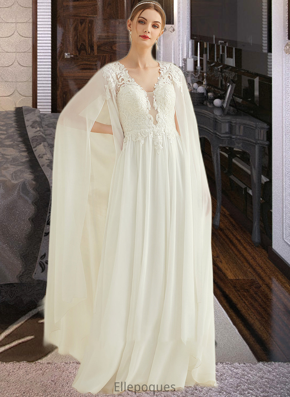 Adelaide A-Line V-neck Floor-Length Chiffon Lace Wedding Dress With Sequins HOP0013736