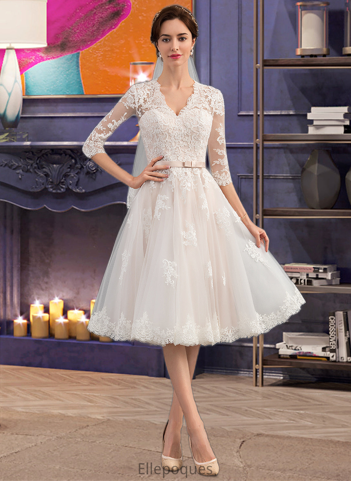 Jadyn A-Line V-neck Knee-Length Tulle Wedding Dress With Bow(s) HOP0013737