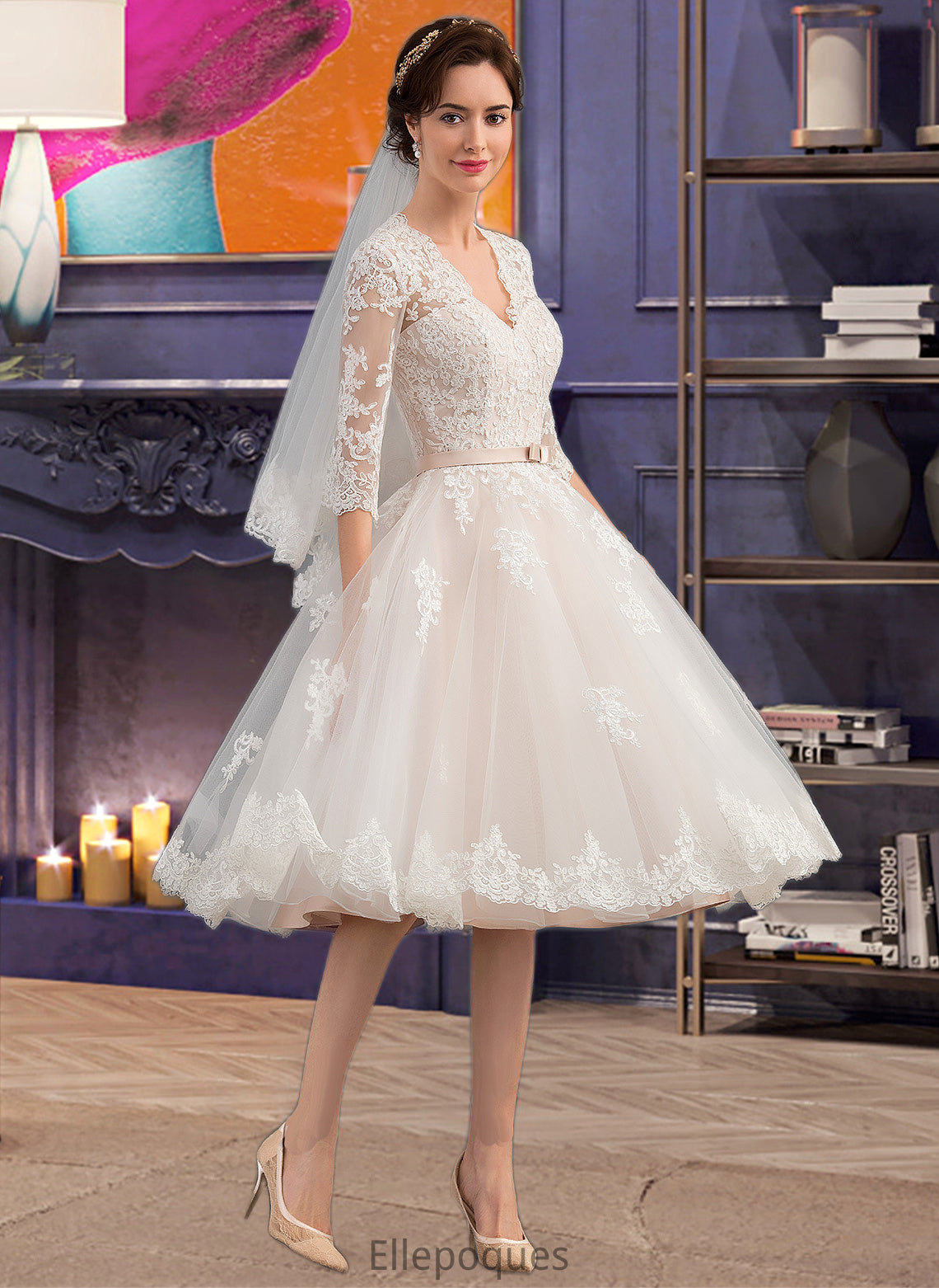 Jadyn A-Line V-neck Knee-Length Tulle Wedding Dress With Bow(s) HOP0013737