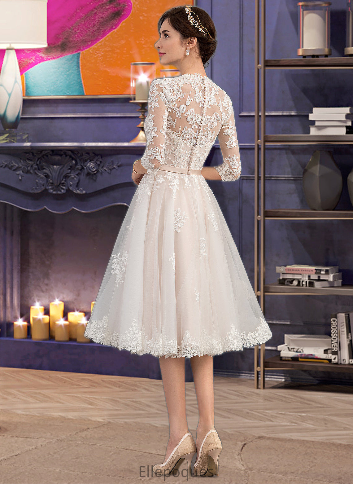 Jadyn A-Line V-neck Knee-Length Tulle Wedding Dress With Bow(s) HOP0013737