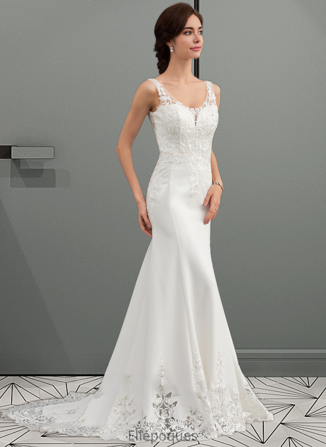 Naima Trumpet/Mermaid V-neck Court Train Lace Stretch Crepe Wedding Dress With Sequins HOP0013738