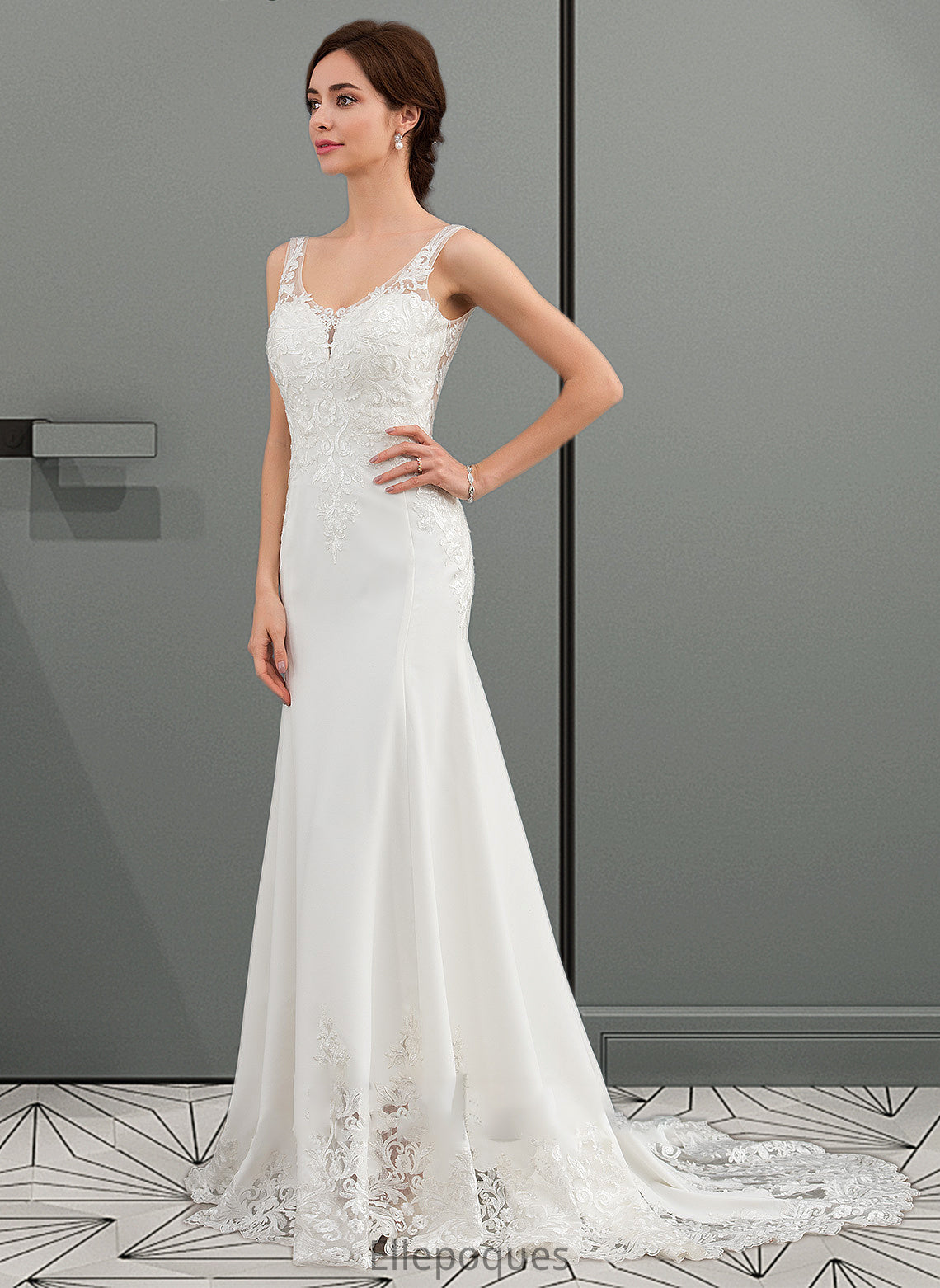 Naima Trumpet/Mermaid V-neck Court Train Lace Stretch Crepe Wedding Dress With Sequins HOP0013738