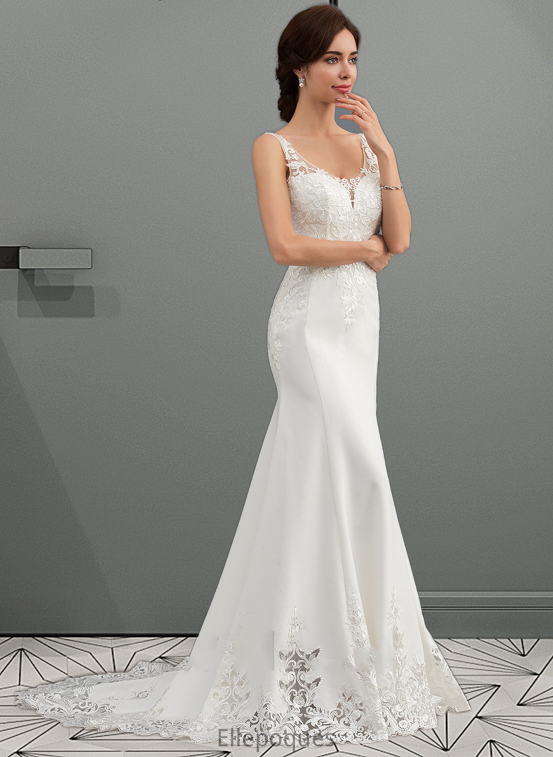 Naima Trumpet/Mermaid V-neck Court Train Lace Stretch Crepe Wedding Dress With Sequins HOP0013738