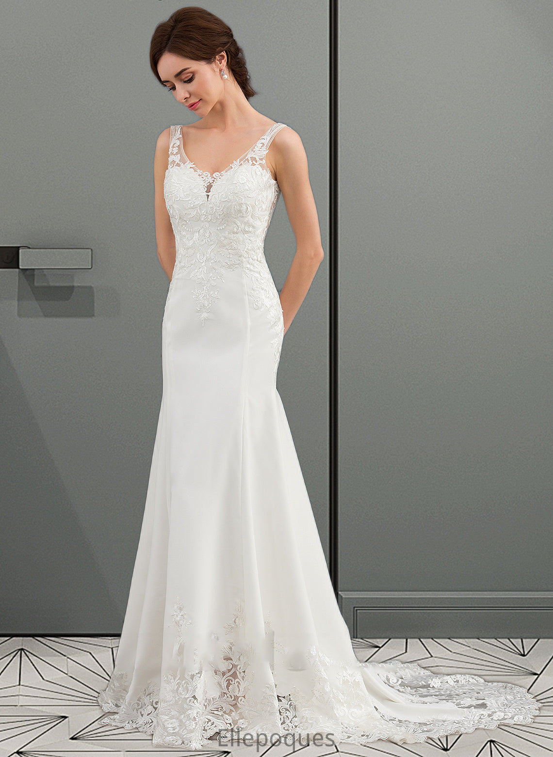 Naima Trumpet/Mermaid V-neck Court Train Lace Stretch Crepe Wedding Dress With Sequins HOP0013738