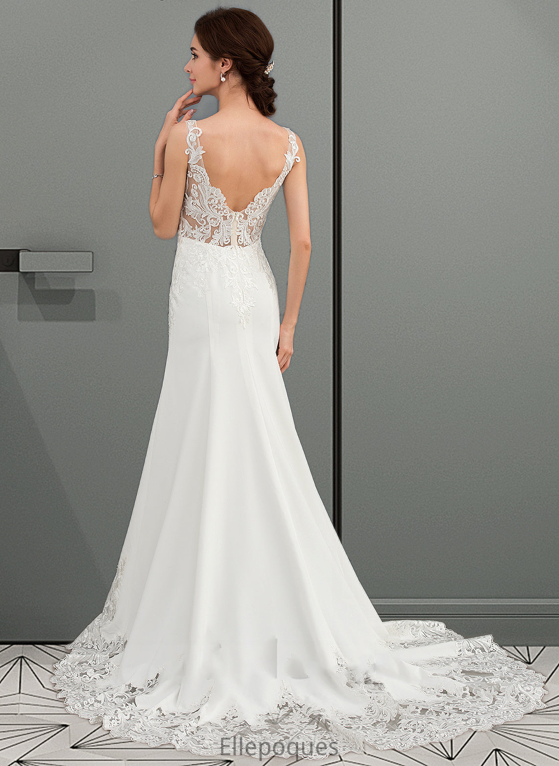 Naima Trumpet/Mermaid V-neck Court Train Lace Stretch Crepe Wedding Dress With Sequins HOP0013738