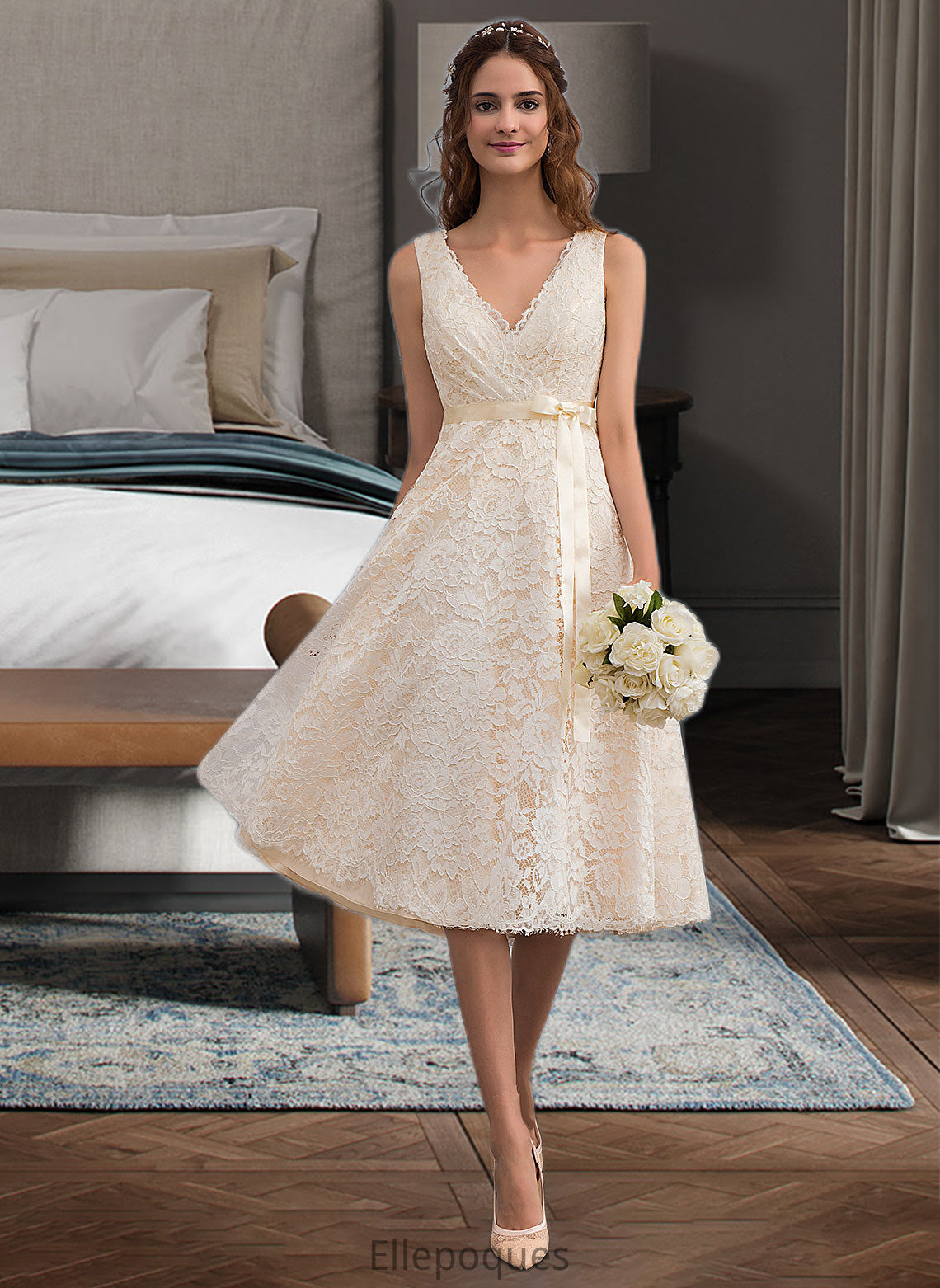 Makenzie A-Line V-neck Knee-Length Lace Wedding Dress With Bow(s) HOP0013739