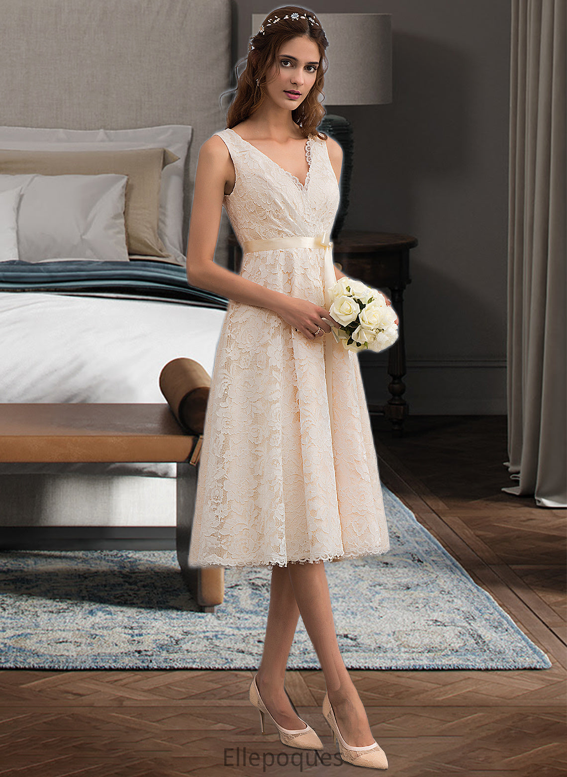 Makenzie A-Line V-neck Knee-Length Lace Wedding Dress With Bow(s) HOP0013739