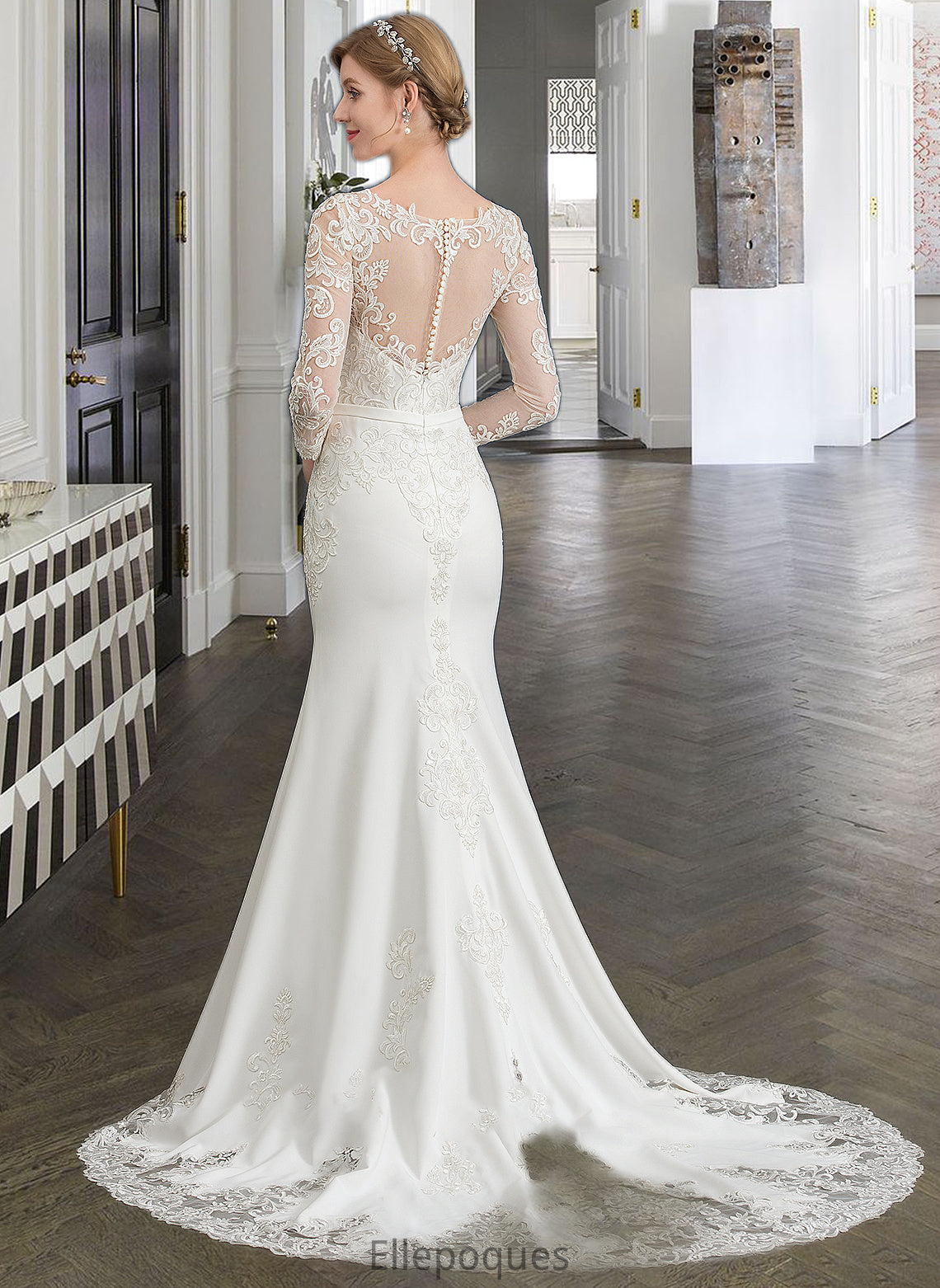 Kaleigh Trumpet/Mermaid Illusion Chapel Train Stretch Crepe Wedding Dress With Lace HOP0013740