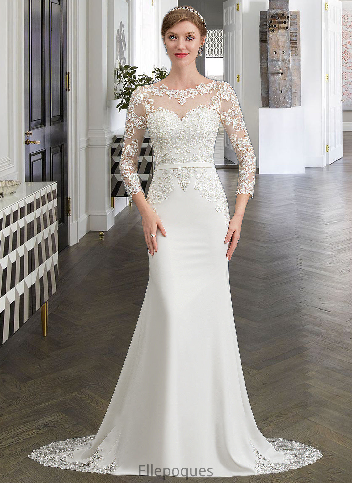 Kaleigh Trumpet/Mermaid Illusion Chapel Train Stretch Crepe Wedding Dress With Lace HOP0013740