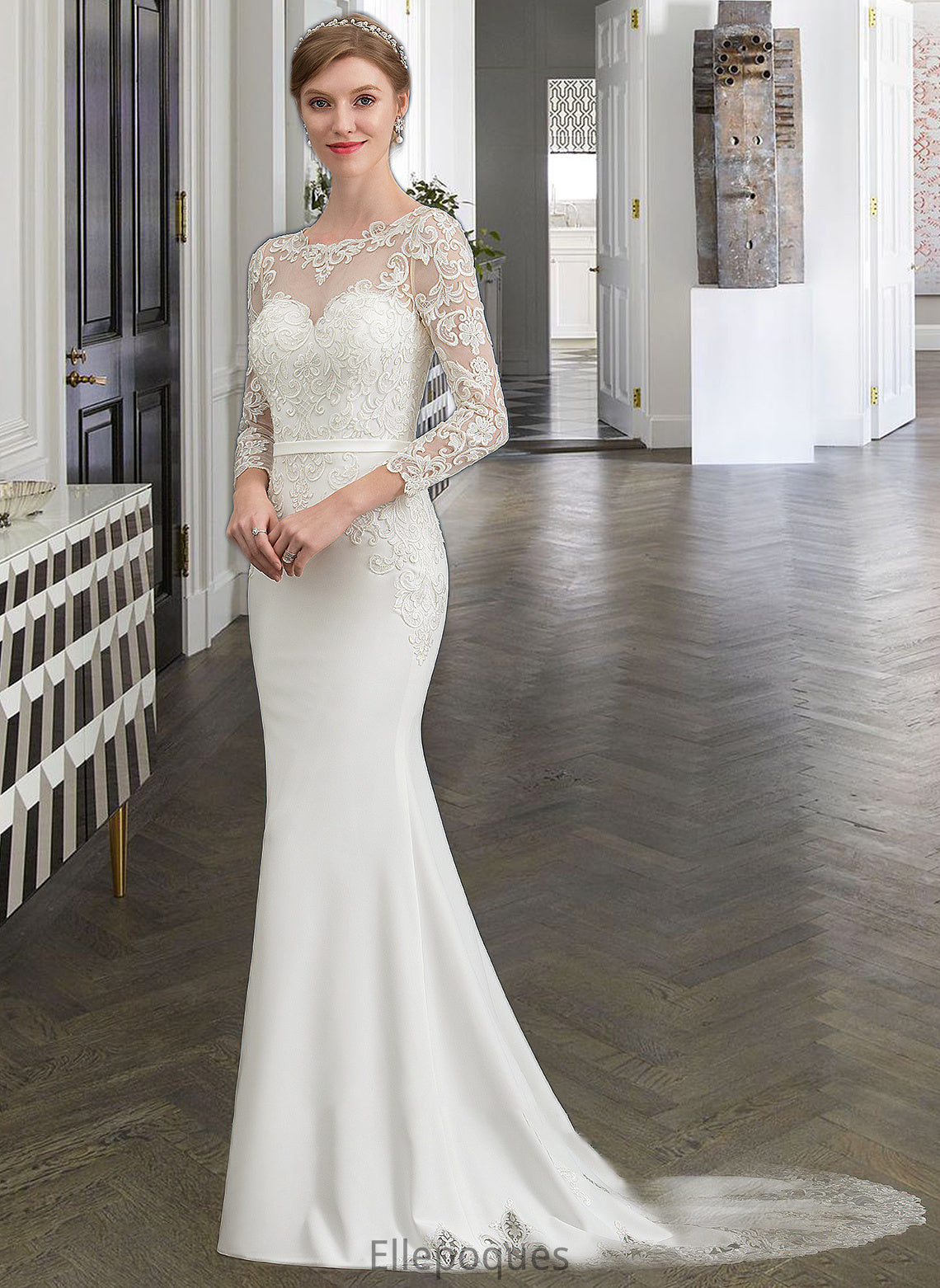 Kaleigh Trumpet/Mermaid Illusion Chapel Train Stretch Crepe Wedding Dress With Lace HOP0013740