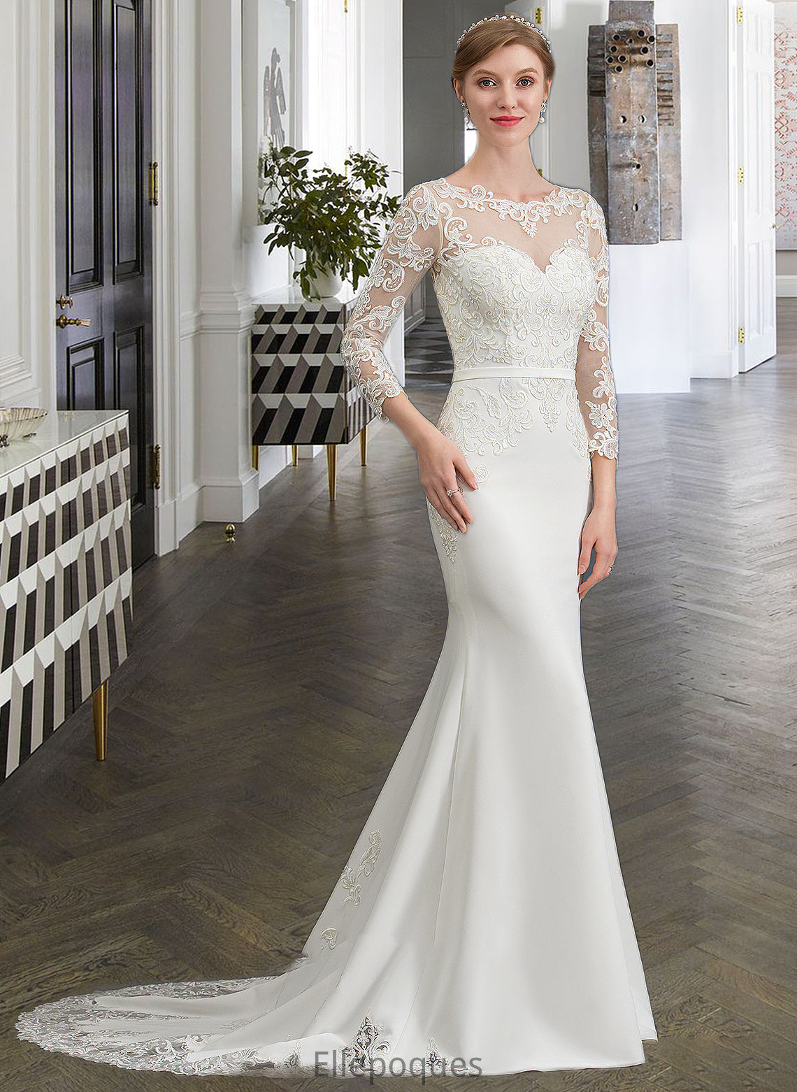 Kaleigh Trumpet/Mermaid Illusion Chapel Train Stretch Crepe Wedding Dress With Lace HOP0013740