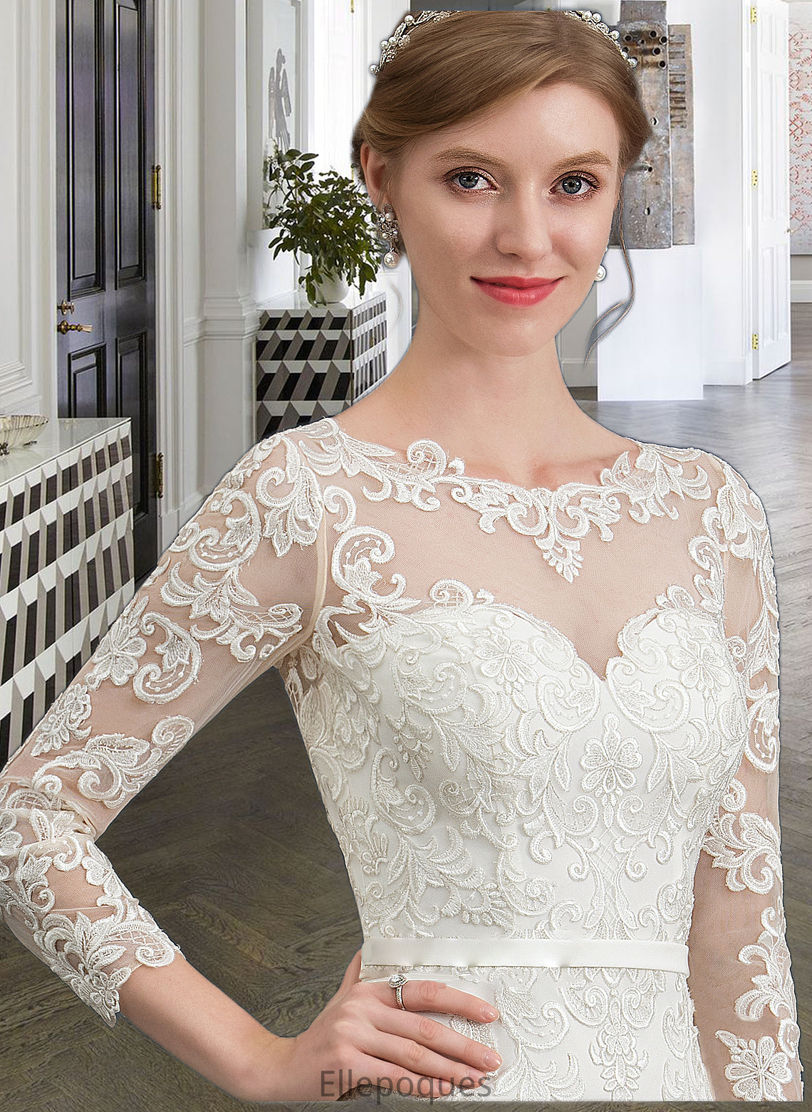 Kaleigh Trumpet/Mermaid Illusion Chapel Train Stretch Crepe Wedding Dress With Lace HOP0013740