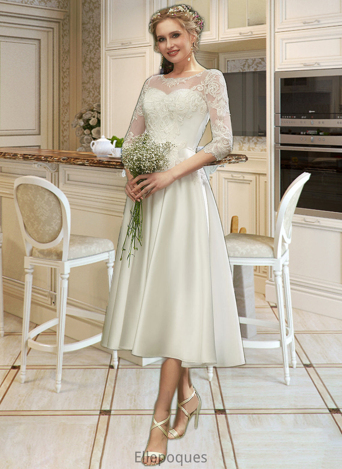 Aiyana A-Line Illusion Tea-Length Wedding Dress With Lace HOP0013741