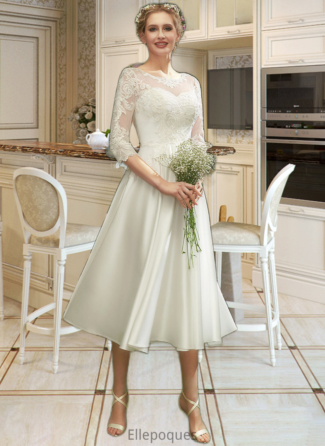 Aiyana A-Line Illusion Tea-Length Wedding Dress With Lace HOP0013741