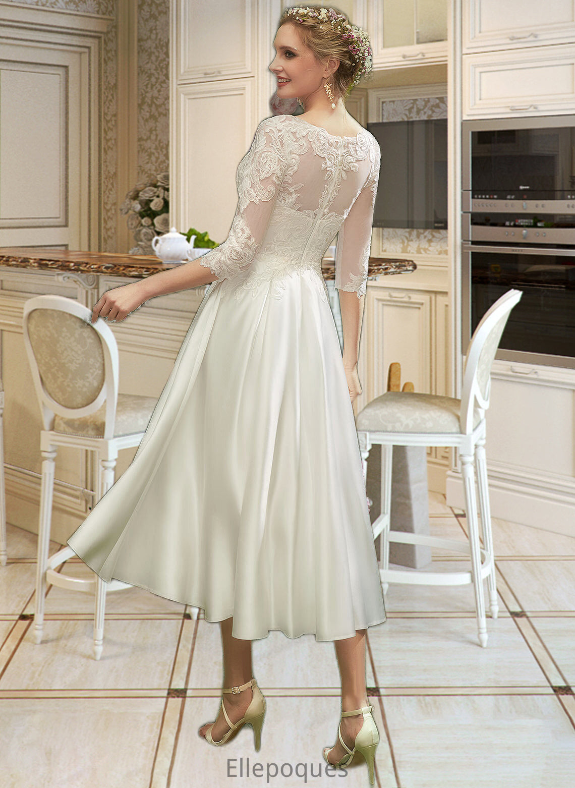 Aiyana A-Line Illusion Tea-Length Wedding Dress With Lace HOP0013741