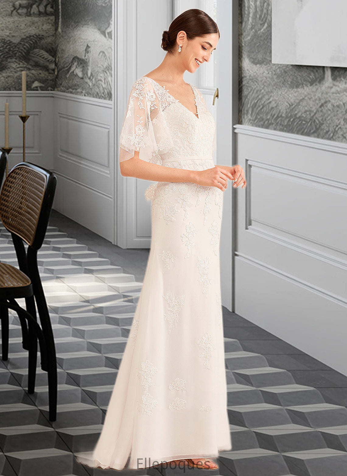 Ivy Trumpet/Mermaid V-neck Court Train Wedding Dress With Sash HOP0013744