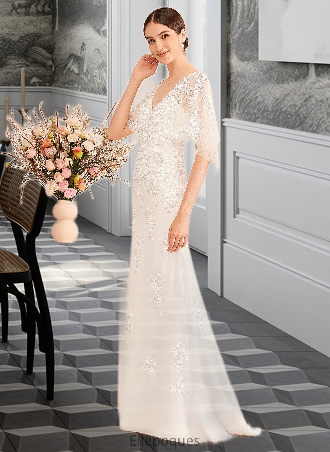 Ivy Trumpet/Mermaid V-neck Court Train Wedding Dress With Sash HOP0013744