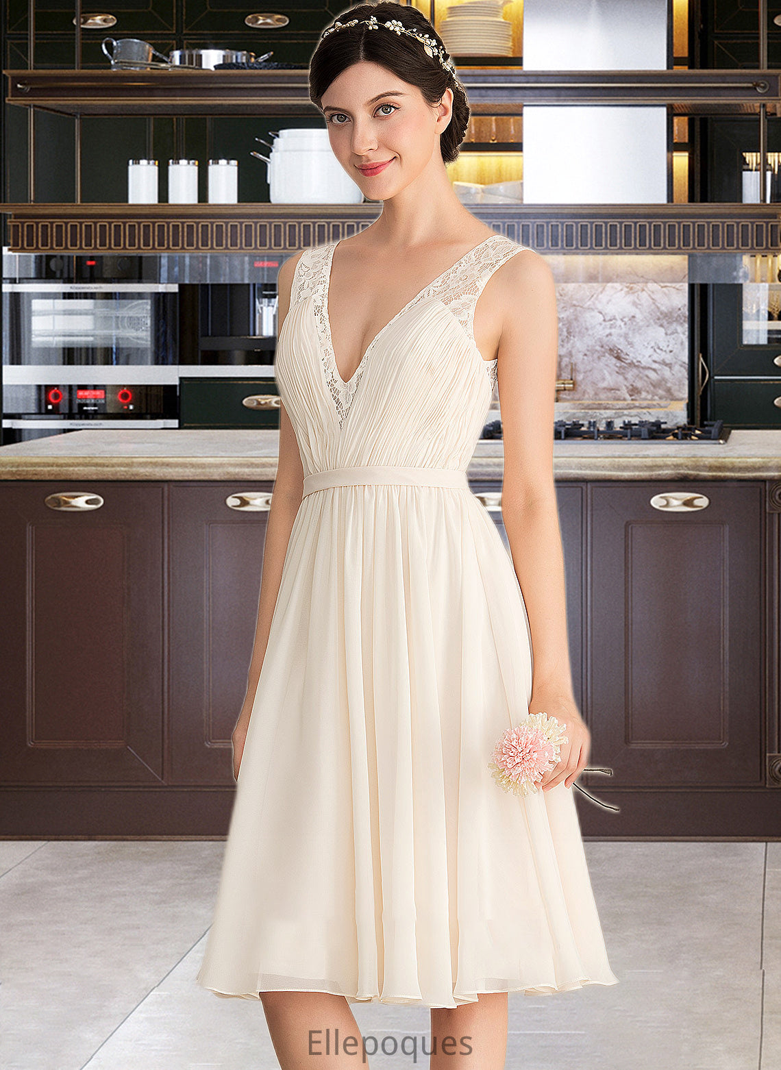 Janessa A-Line V-neck Knee-Length Chiffon Lace Wedding Dress With Ruffle HOP0013794