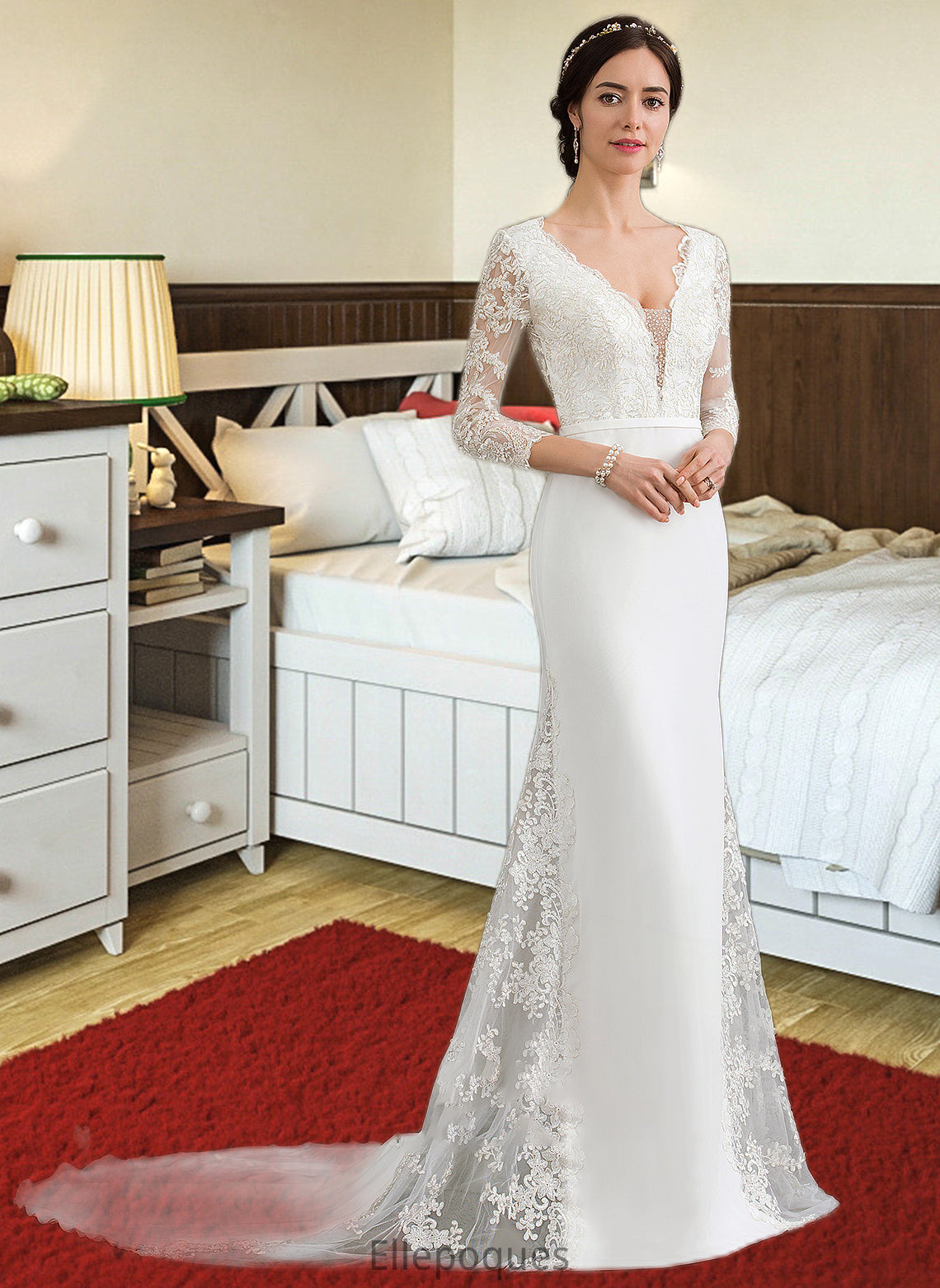 Paulina Trumpet/Mermaid V-neck Chapel Train Chiffon Wedding Dress With Beading Sequins HOP0013795