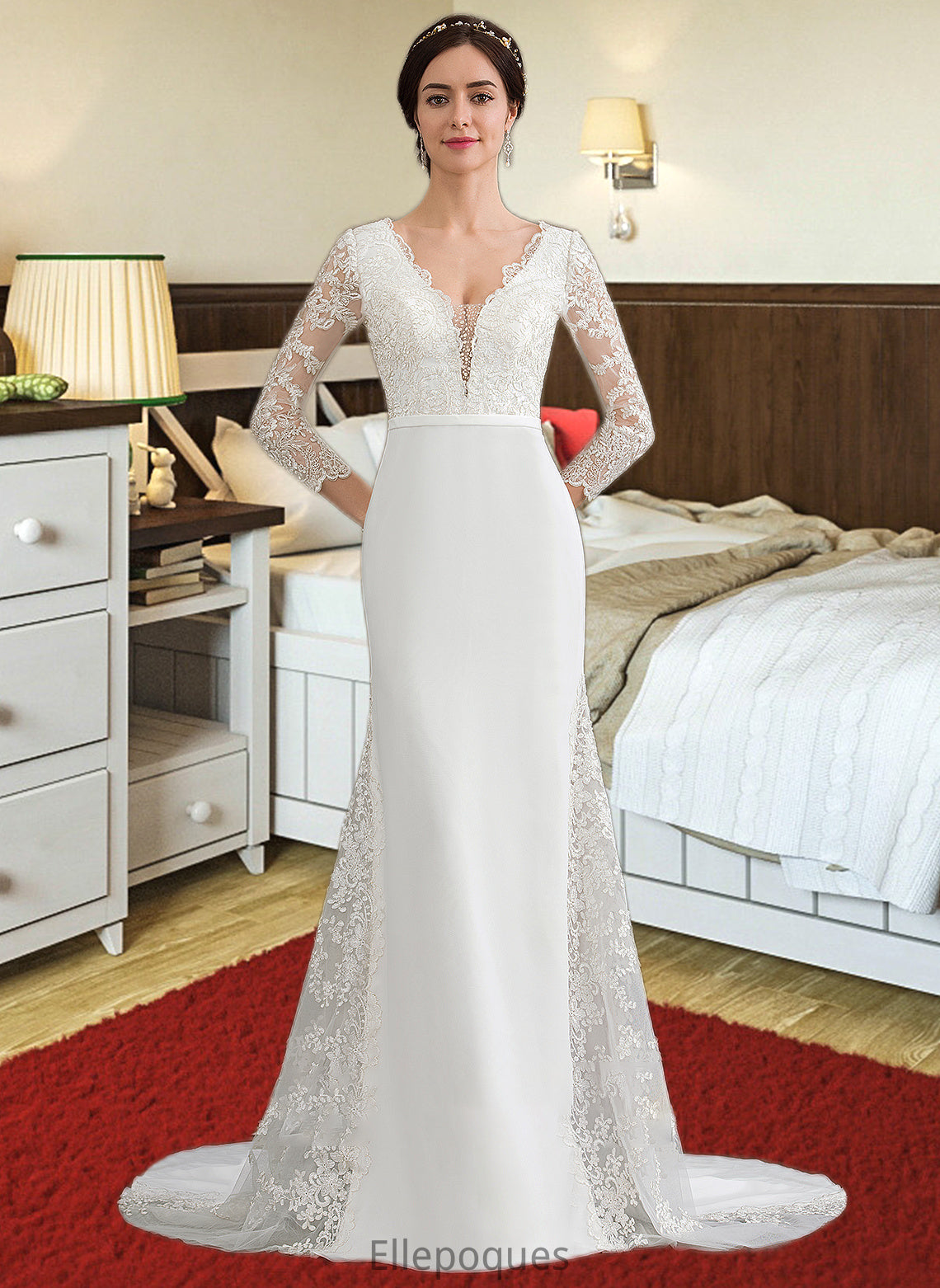 Paulina Trumpet/Mermaid V-neck Chapel Train Chiffon Wedding Dress With Beading Sequins HOP0013795