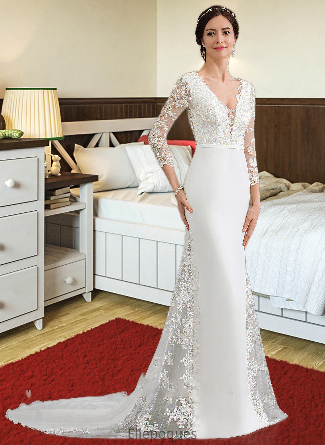 Paulina Trumpet/Mermaid V-neck Chapel Train Chiffon Wedding Dress With Beading Sequins HOP0013795