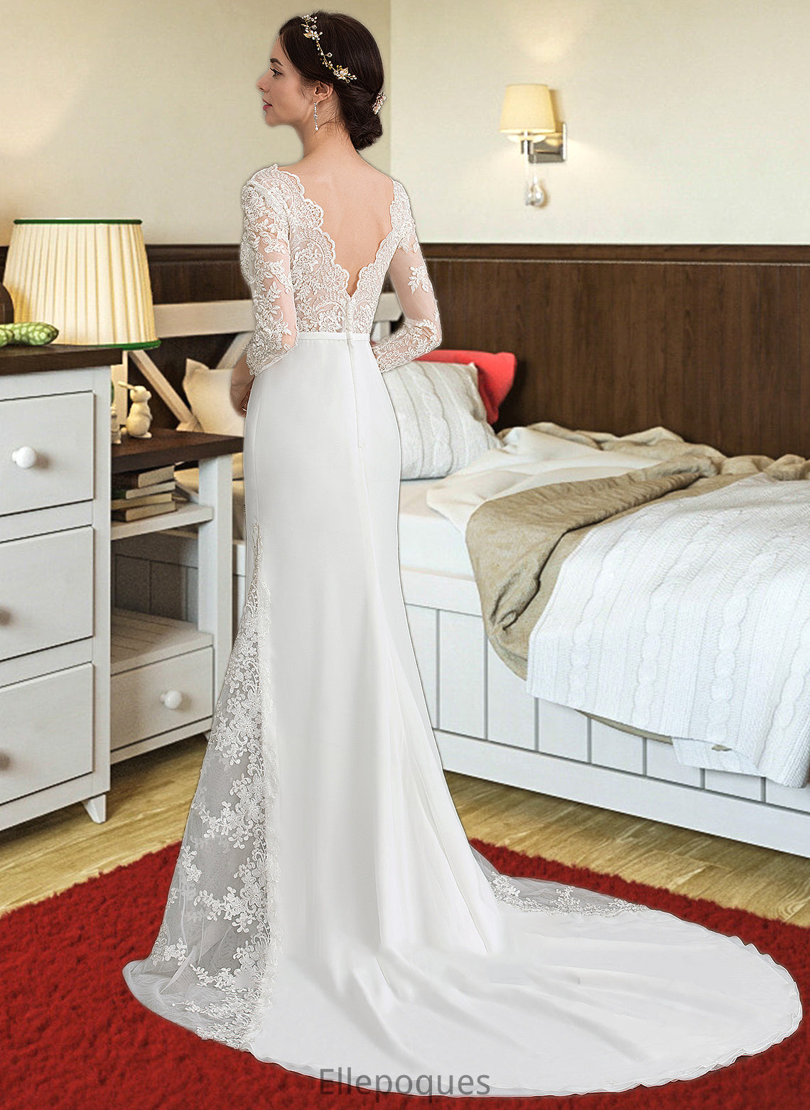 Paulina Trumpet/Mermaid V-neck Chapel Train Chiffon Wedding Dress With Beading Sequins HOP0013795