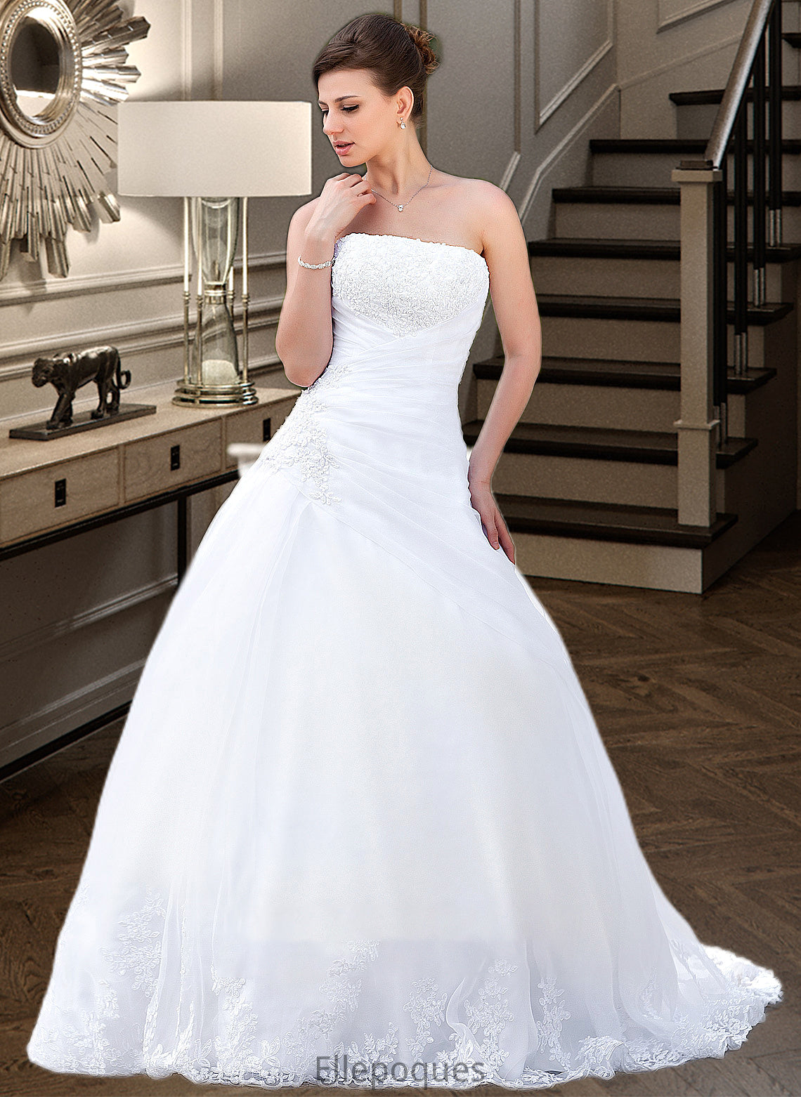 Willow Ball-Gown/Princess Strapless Chapel Train Satin Organza Wedding Dress With Lace Beading HOP0013796