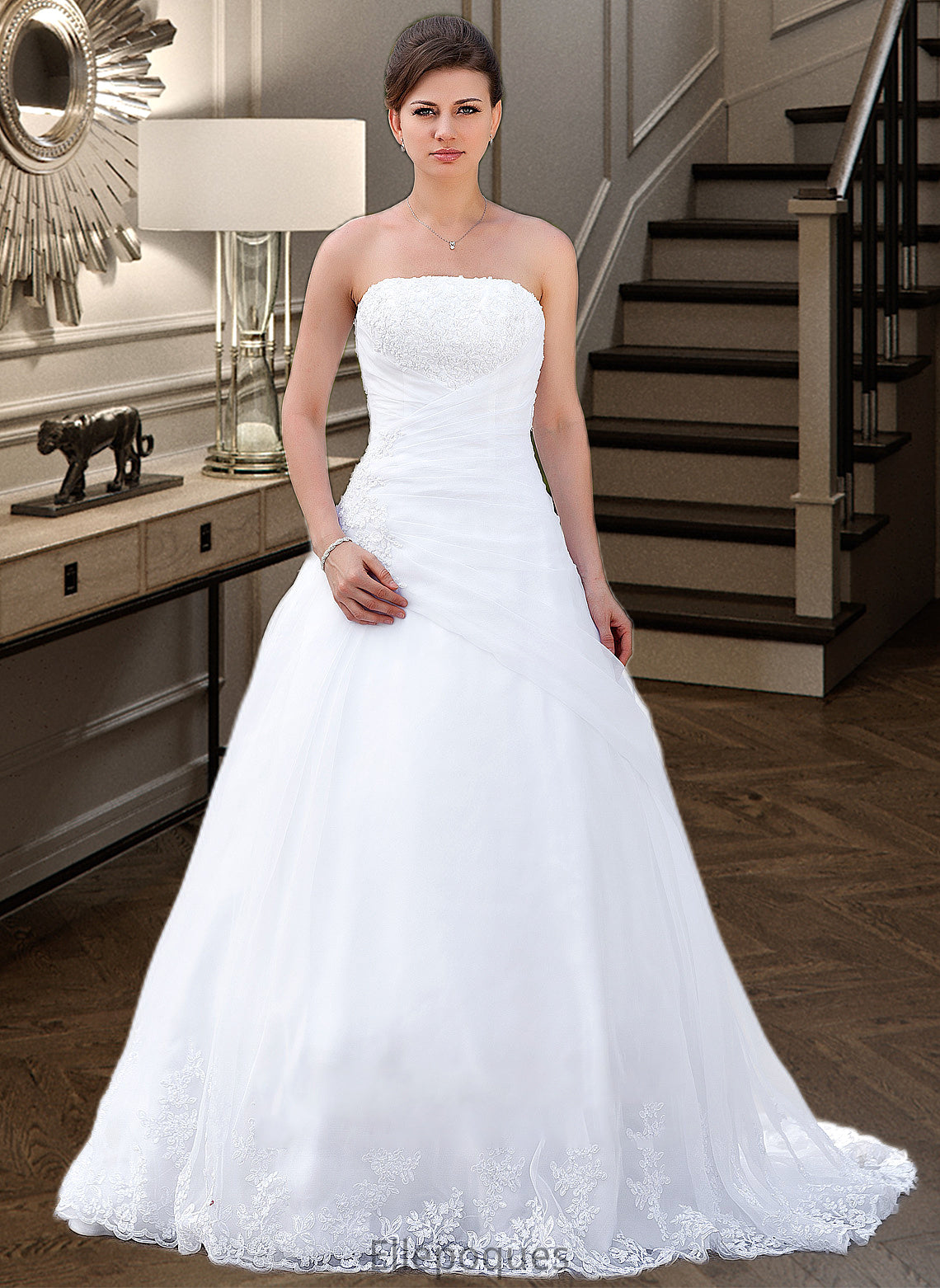 Willow Ball-Gown/Princess Strapless Chapel Train Satin Organza Wedding Dress With Lace Beading HOP0013796