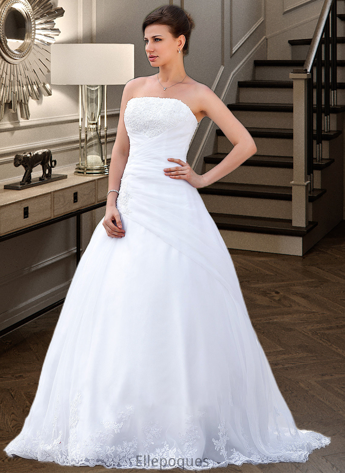 Willow Ball-Gown/Princess Strapless Chapel Train Satin Organza Wedding Dress With Lace Beading HOP0013796