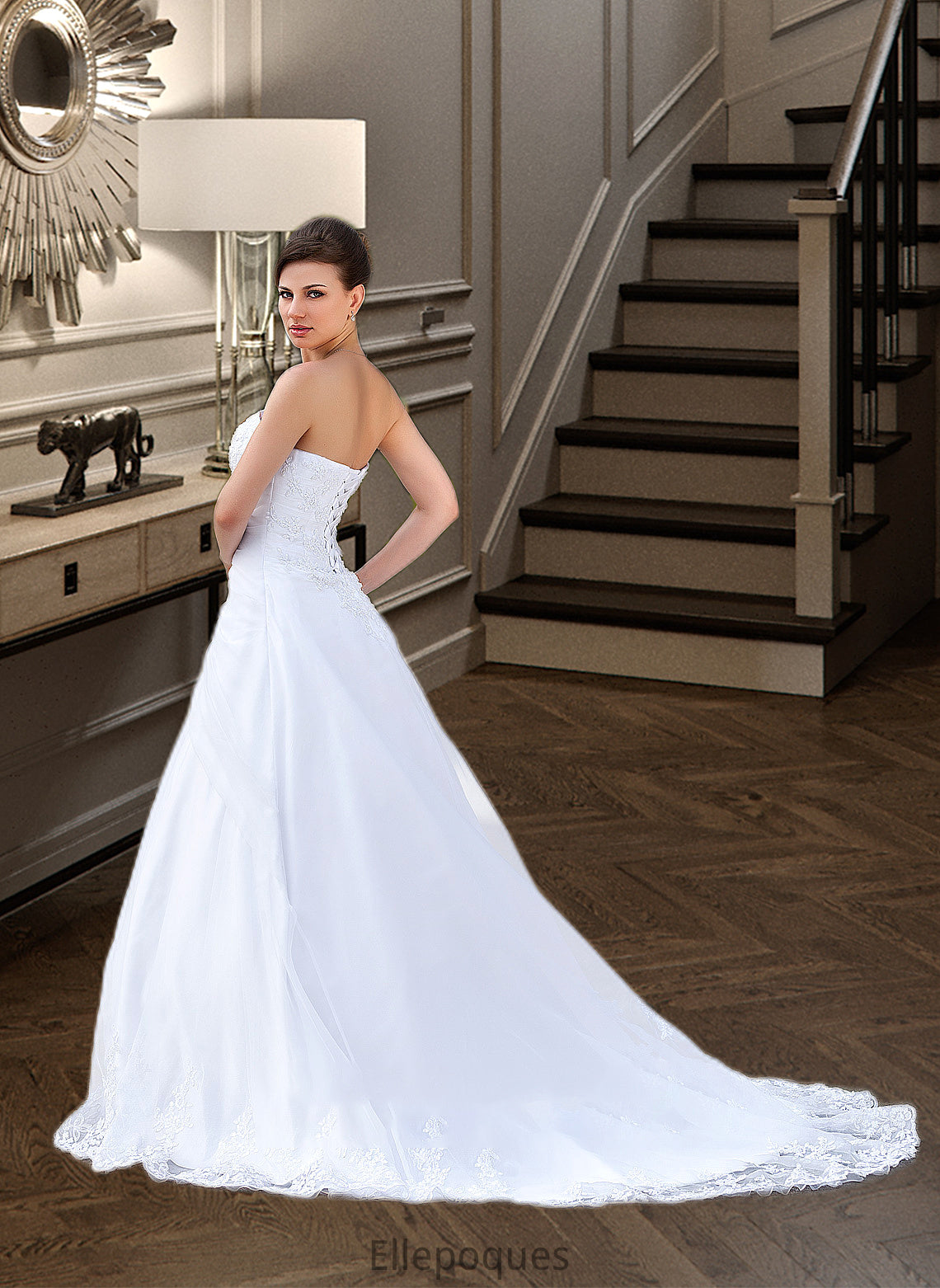 Willow Ball-Gown/Princess Strapless Chapel Train Satin Organza Wedding Dress With Lace Beading HOP0013796