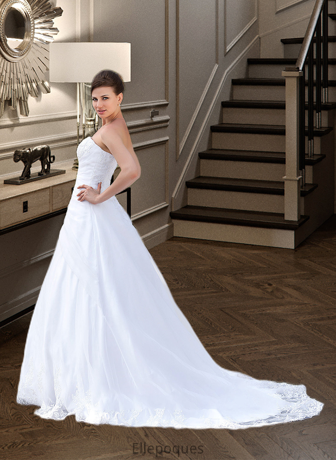 Willow Ball-Gown/Princess Strapless Chapel Train Satin Organza Wedding Dress With Lace Beading HOP0013796