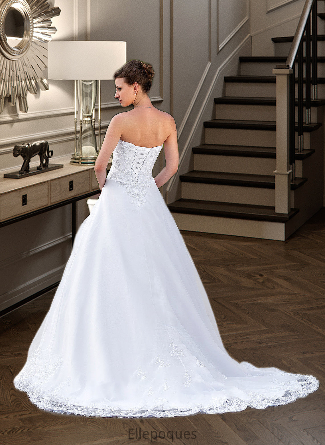 Willow Ball-Gown/Princess Strapless Chapel Train Satin Organza Wedding Dress With Lace Beading HOP0013796