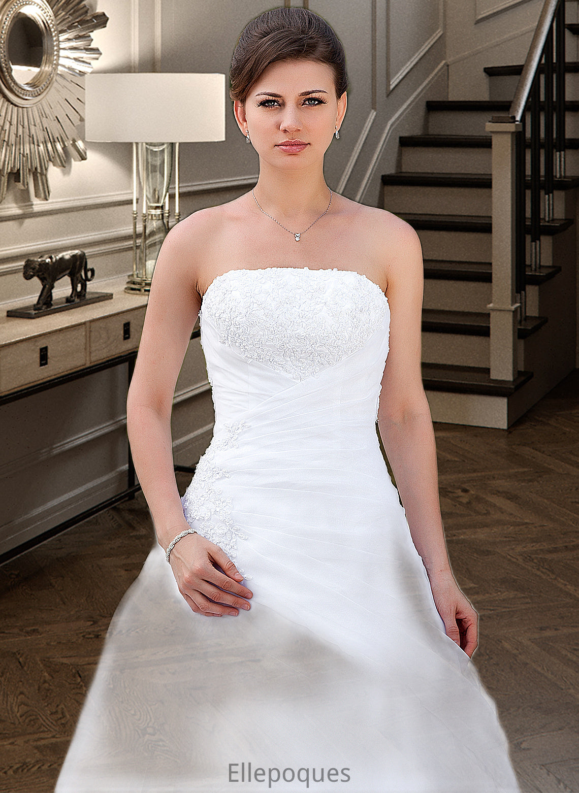 Willow Ball-Gown/Princess Strapless Chapel Train Satin Organza Wedding Dress With Lace Beading HOP0013796