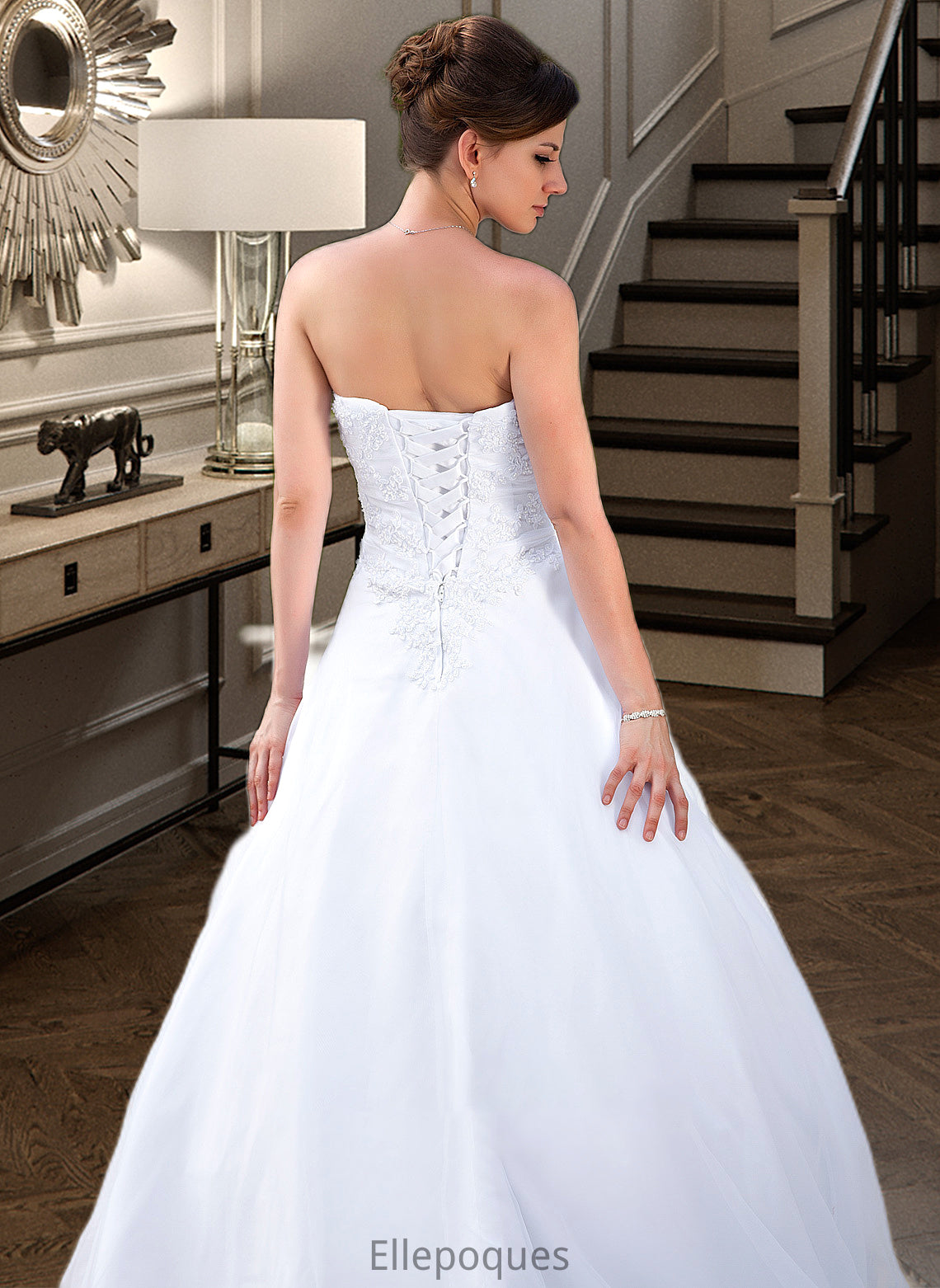 Willow Ball-Gown/Princess Strapless Chapel Train Satin Organza Wedding Dress With Lace Beading HOP0013796