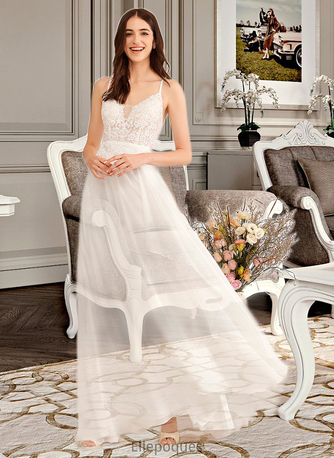 Tiana A-Line V-neck Floor-Length Wedding Dress With Sequins HOP0013797