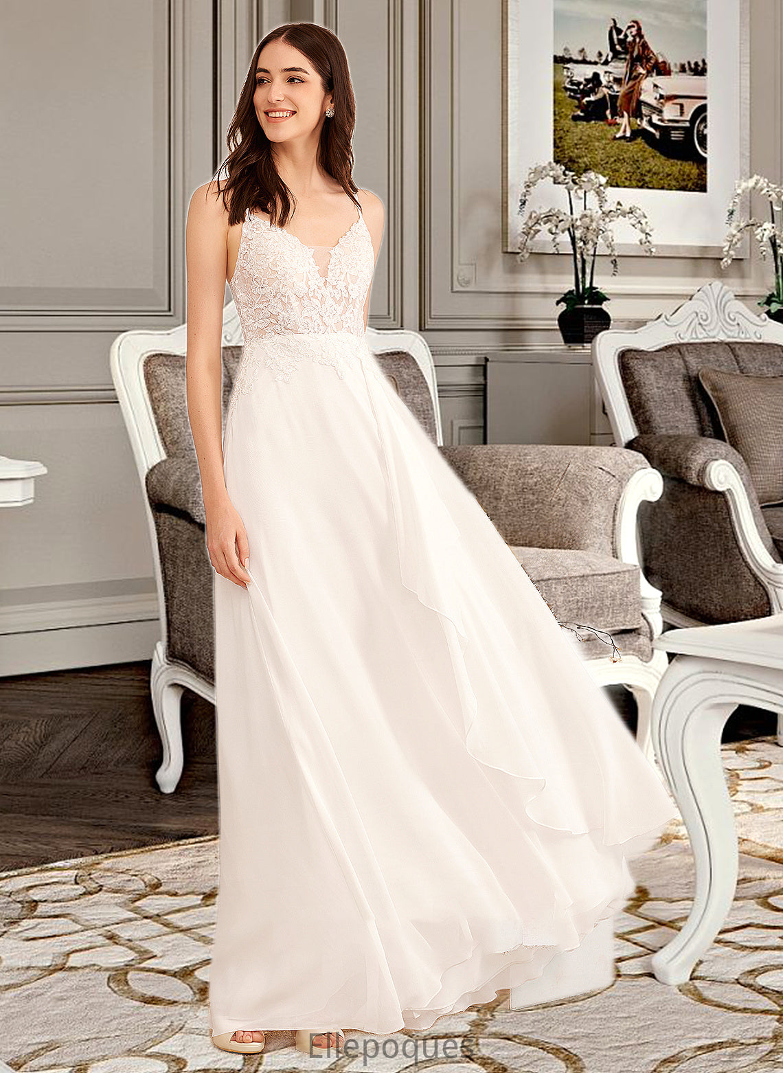 Tiana A-Line V-neck Floor-Length Wedding Dress With Sequins HOP0013797