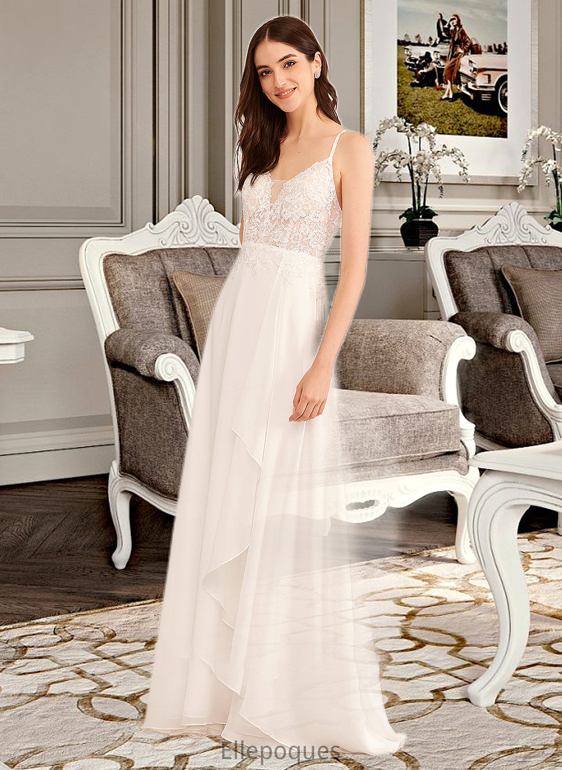 Tiana A-Line V-neck Floor-Length Wedding Dress With Sequins HOP0013797