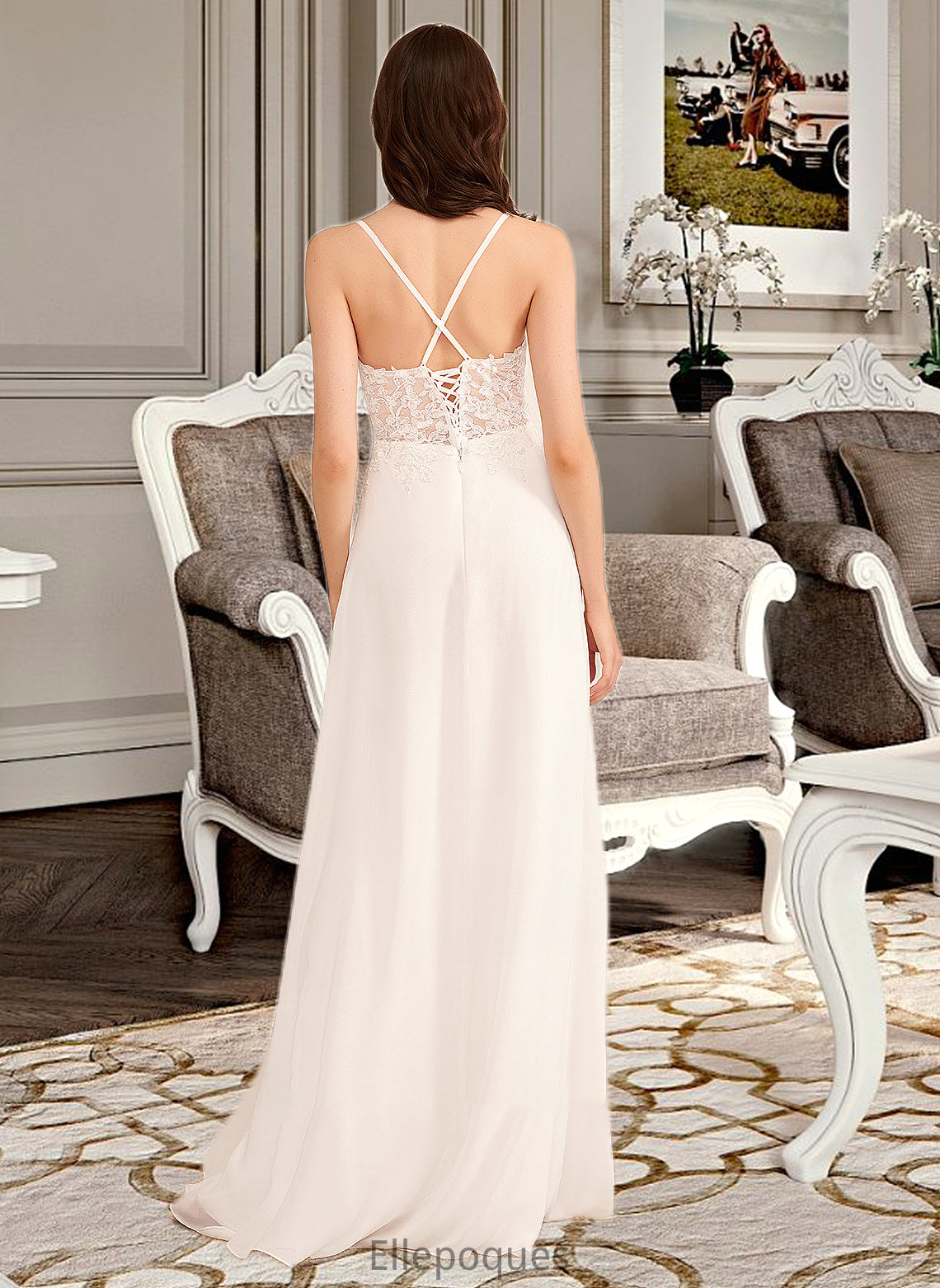 Tiana A-Line V-neck Floor-Length Wedding Dress With Sequins HOP0013797