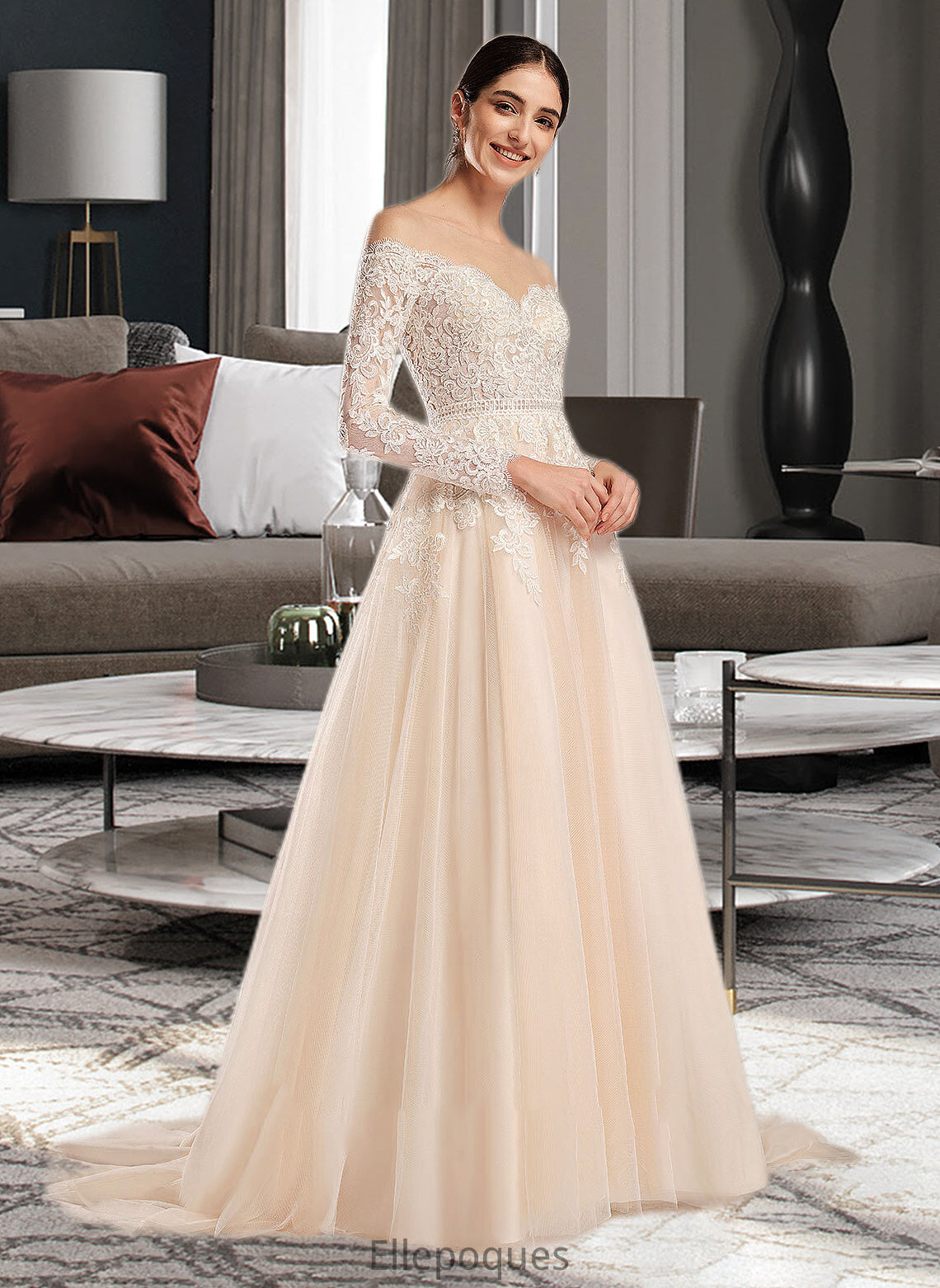 Melany Ball-Gown/Princess Illusion Chapel Train Wedding Dress With Sequins HOP0013798