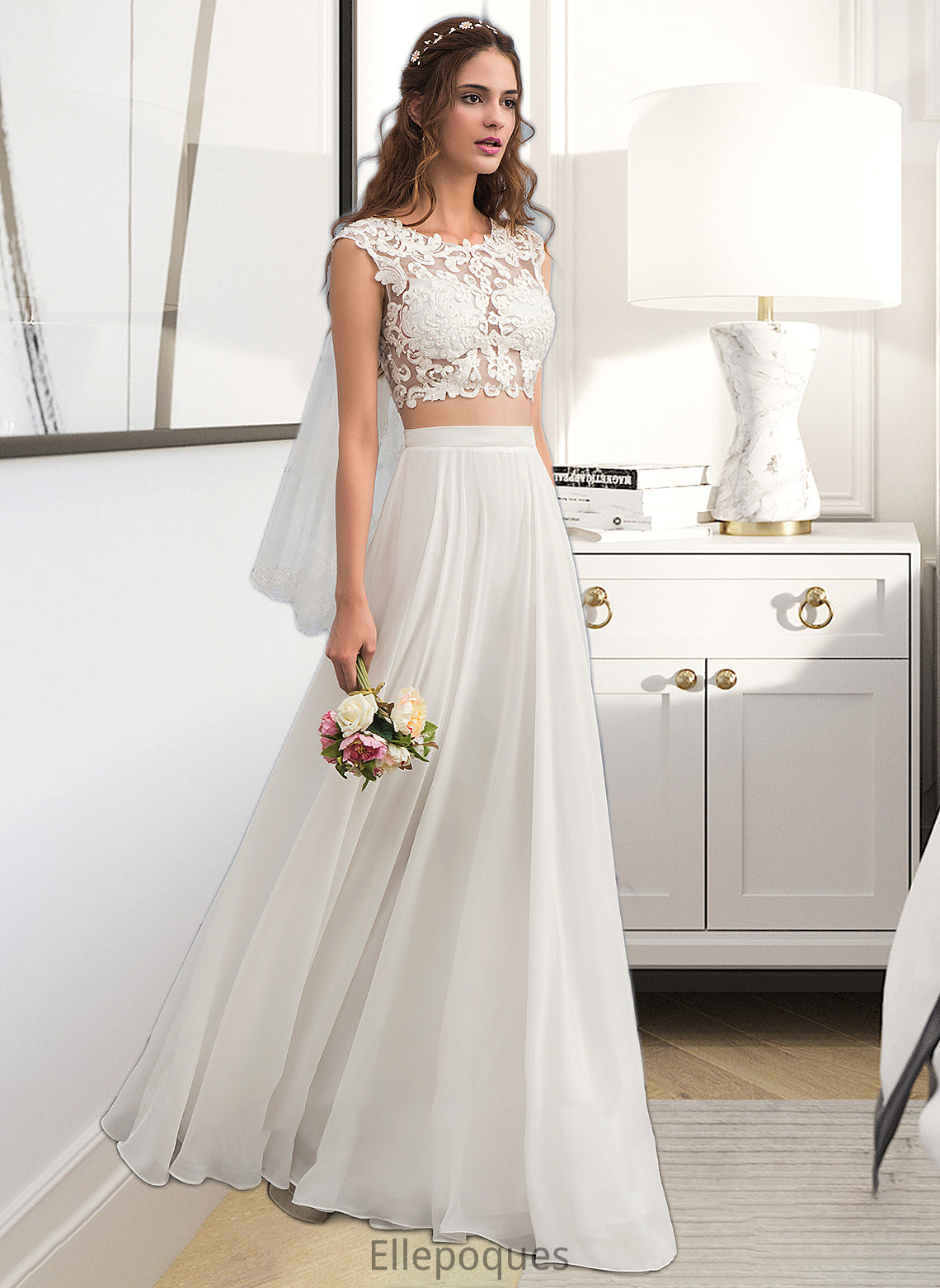 Adrianna A-Line Scoop Neck Floor-Length Chiffon Wedding Dress With Beading Sequins HOP0013799